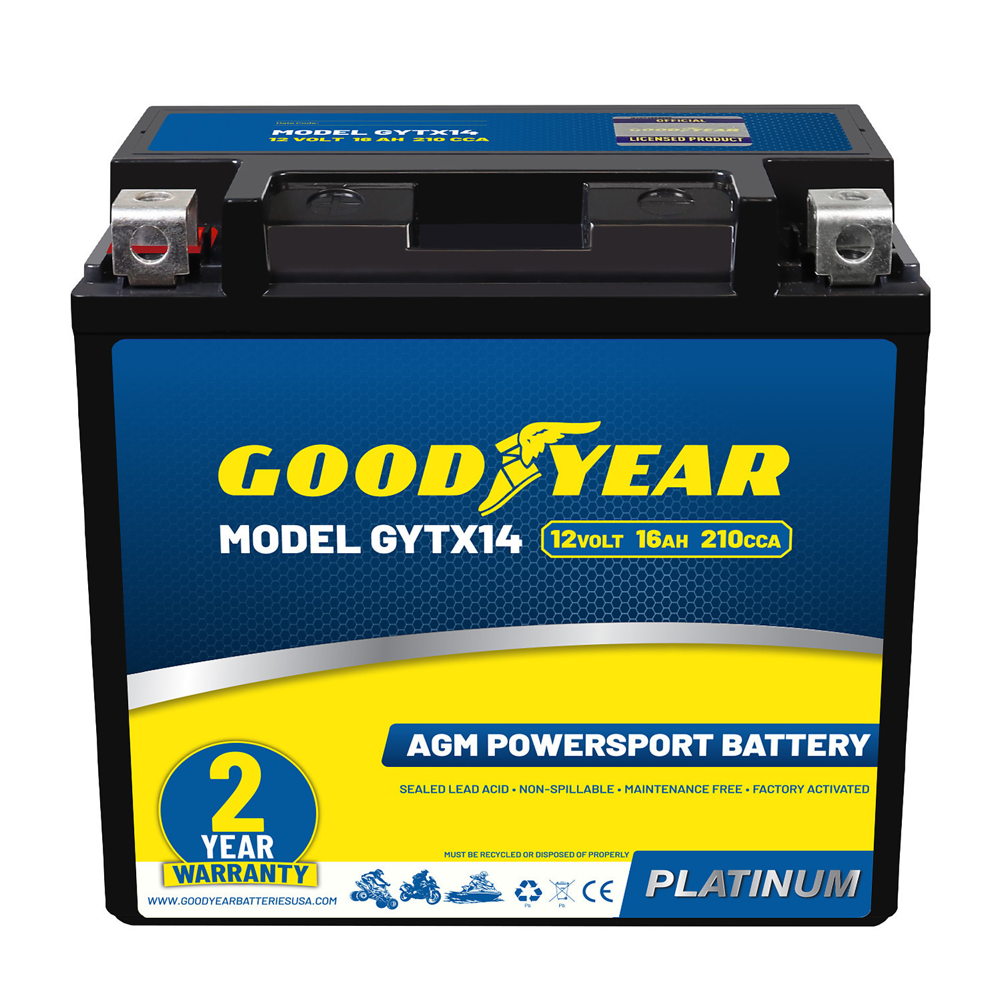 Goodyear High-Performance AGM Battery — 12V, 16Ah, 210 CCA, Maintenance-Free, Model# GY4140761